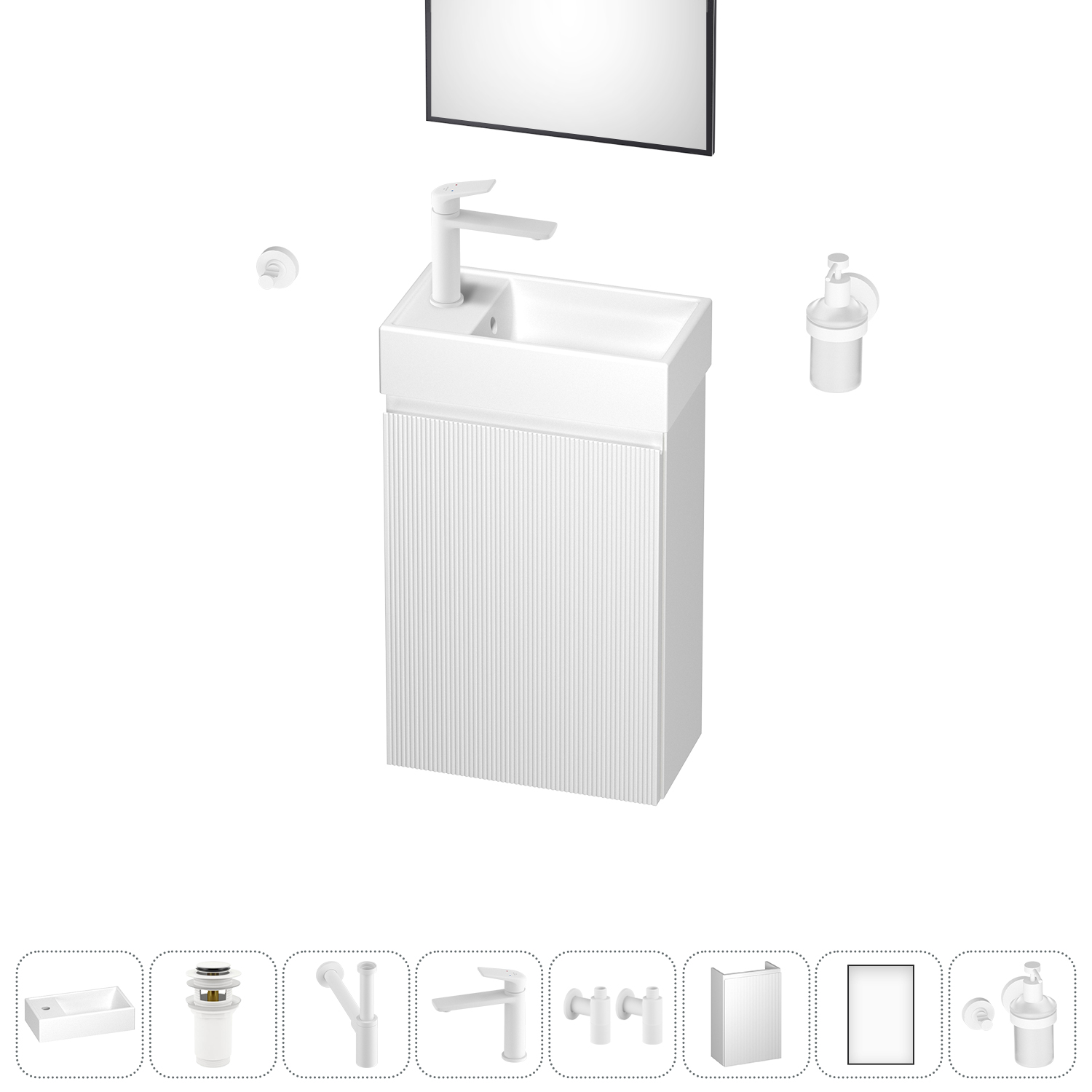 Тумба с раковиной Wellsee WC Area 40 L подвесная, белый (зеркало, донный клапан, дозатор, сифон, смеситель, угл. вентили, крючок (цвет набора белый)), Белый матовый, 202010518
Тумба с раковиной Wellsee WC Area 40 L подвесная, белый (зеркало, донный клапан, дозатор, сифон, смеситель, угл. вентили, крючок (цвет набора белый)), Белый матовый, 202010518