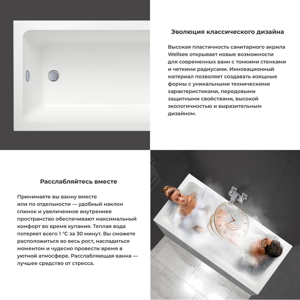 Комплект 2 в 1 акриловая ванна Wellsee FreeDom 231102002 165х80 + слив-перелив