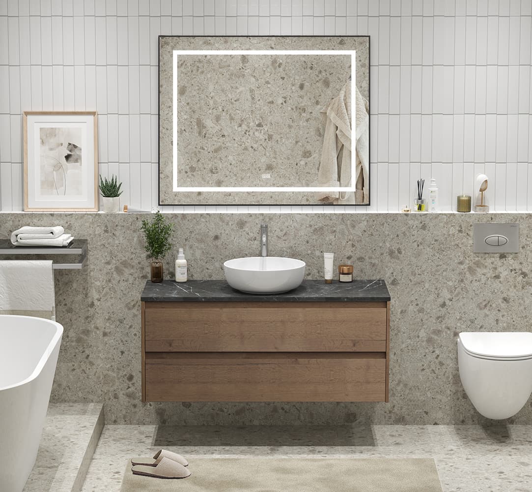 Тумба со столешницей BelBagno Kraft 120 с отверстием под смеситель, подвесная, 2 ящика, Rovere Tabacco