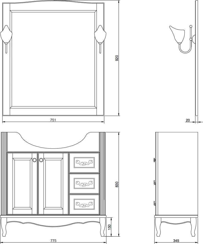 Мебель для ванной ValenHouse Эллина 80 слоновая кость, фурнитура бронза