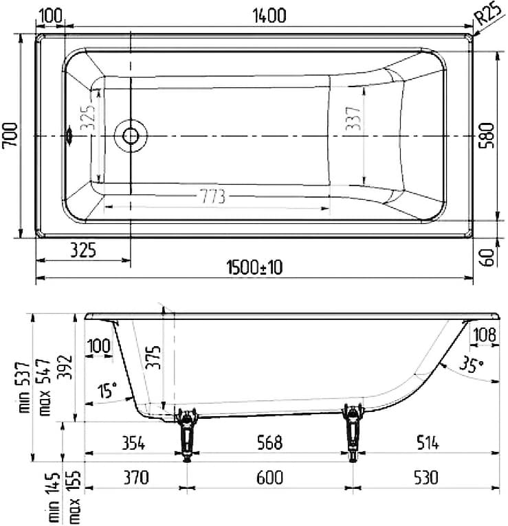 Чугунная ванна Wotte Line 150x70 см