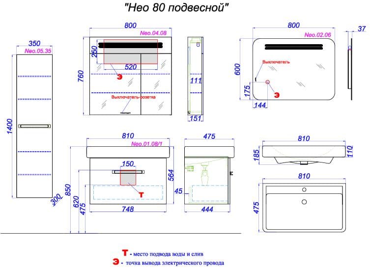 Мебель для ванной Aqwella Neo 80 подвесная, белая