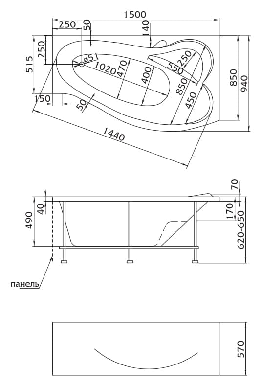 Акриловая ванна 1MarKa Gracia 150x95 R