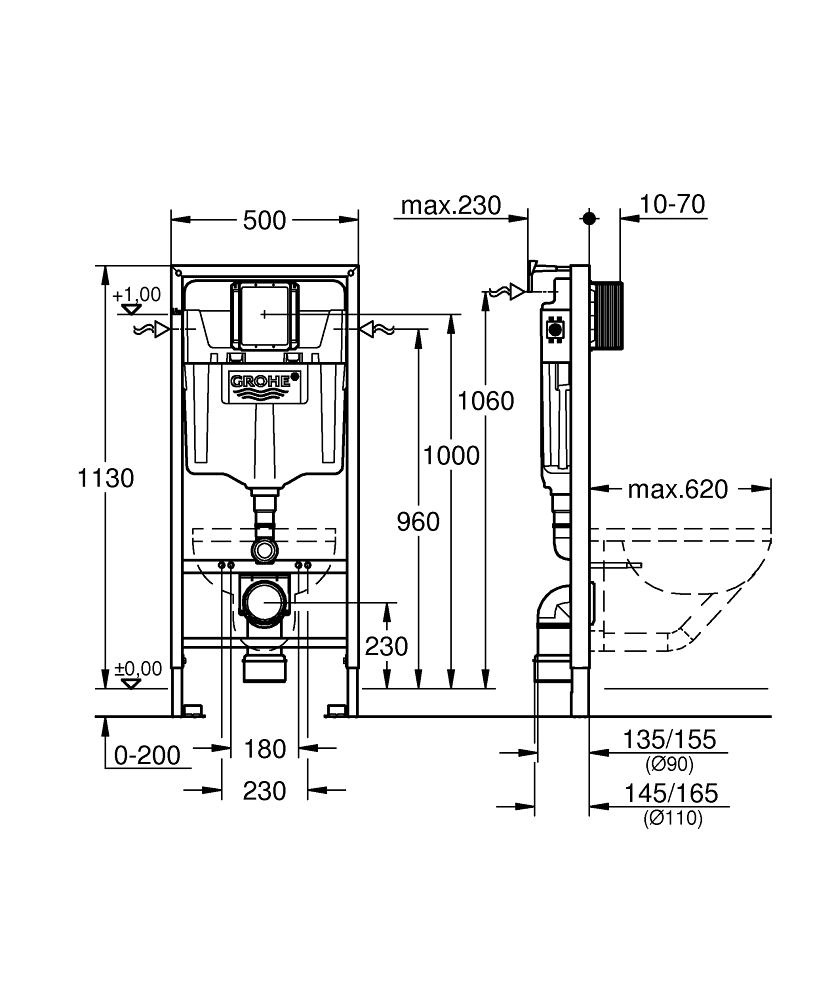 Инсталляция для унитазов Grohe Rapid SL 1000046 5 в 1 cо звукоизоляционным комплектом и редуктором потока воды, кнопка смыва черная матовая