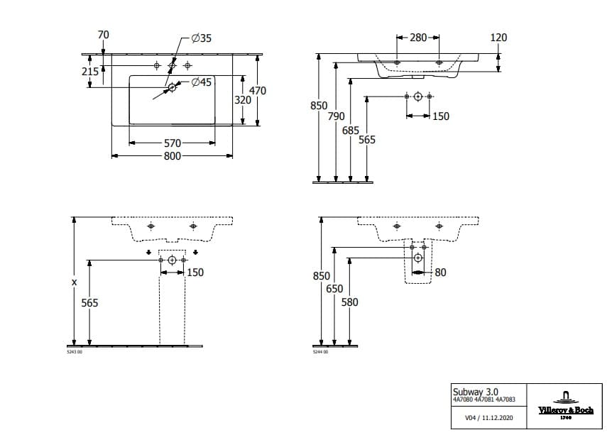 Раковина Villeroy & Boch Subway 3.0 4A708001 80 альпийский белый