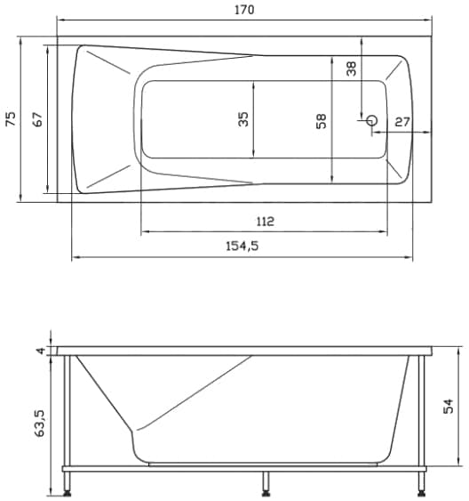 Акриловая ванна Aquatika H2O Авентура Standart 170x75 cм