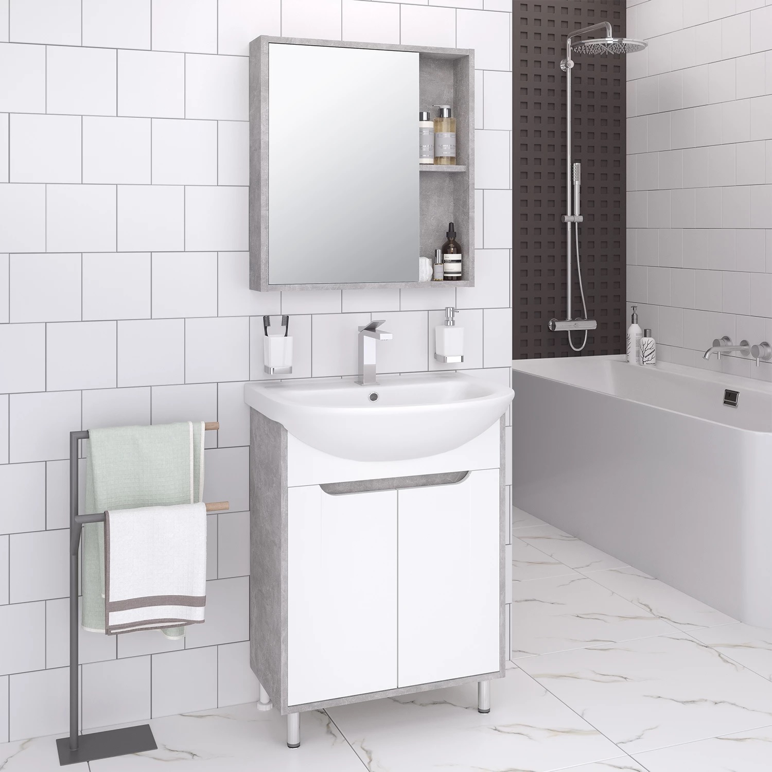Мебель для ванной Runo Эко 50 напольная, серый бетон/белый