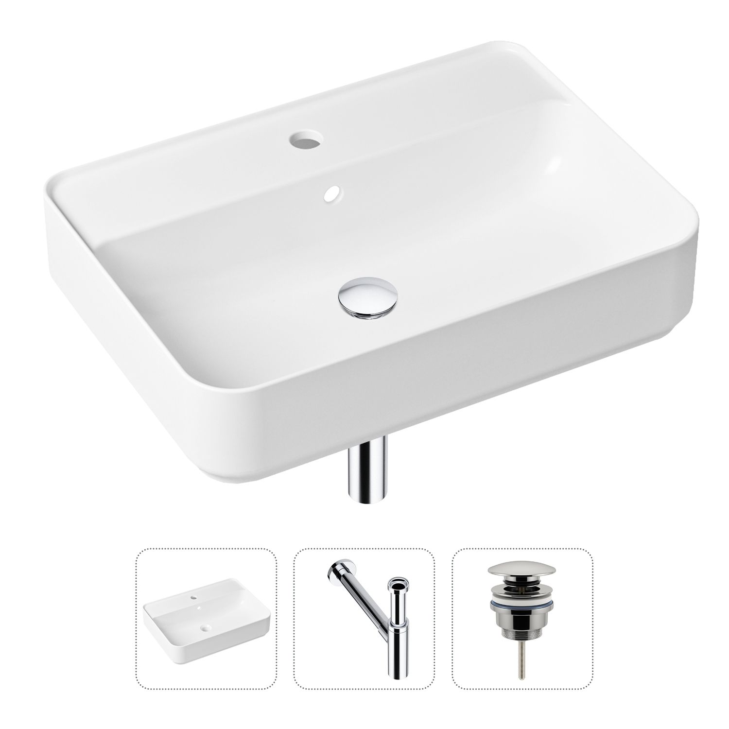 

Комплект 3 в 1 Lavinia Boho Bathroom Sink 21520360: накладная фарфоровая раковина 60 см, металлический сифон, донный клапан, Белый, 21520360