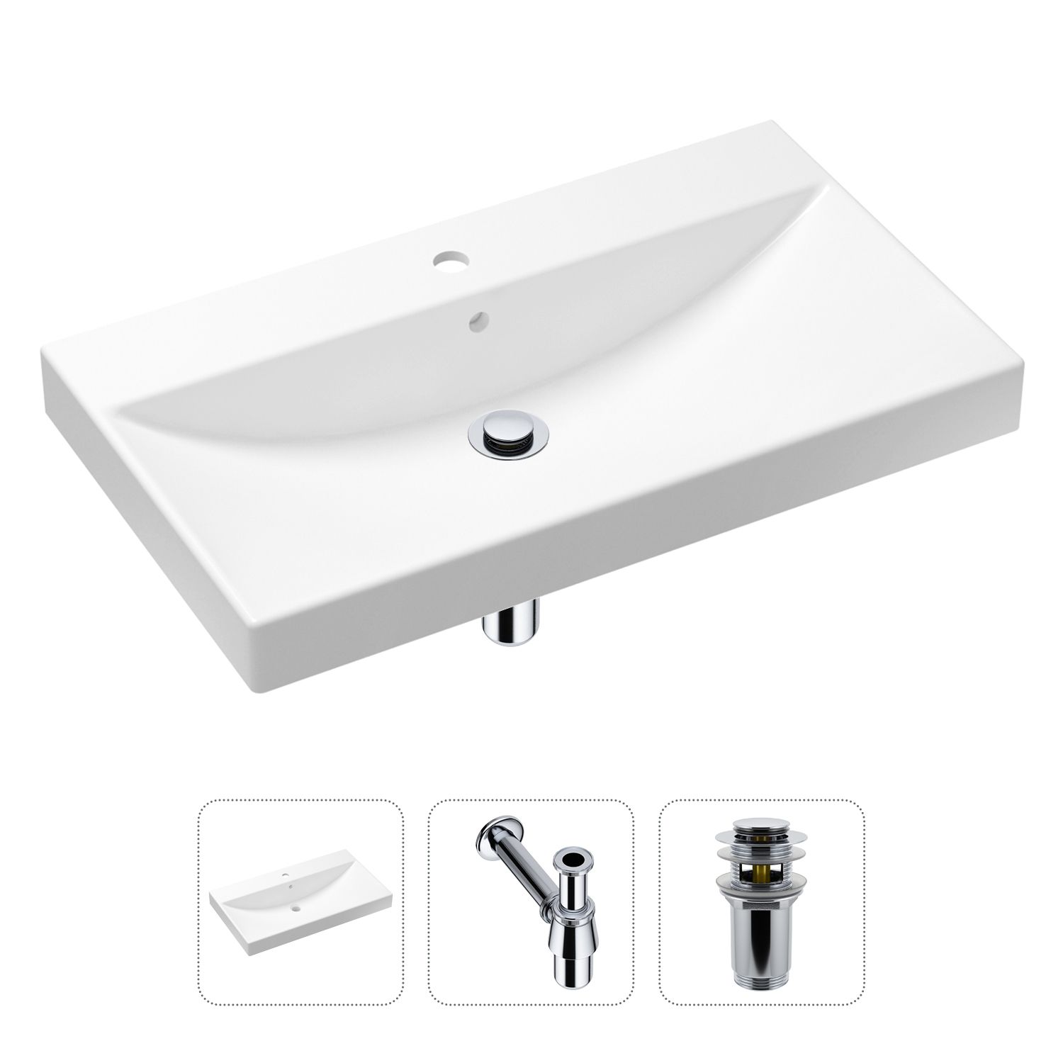 

Комплект 3 в 1 Lavinia Boho Bathroom Sink 21520598: врезная фарфоровая раковина 80 см, металлический сифон, донный клапан, Белый, 21520598