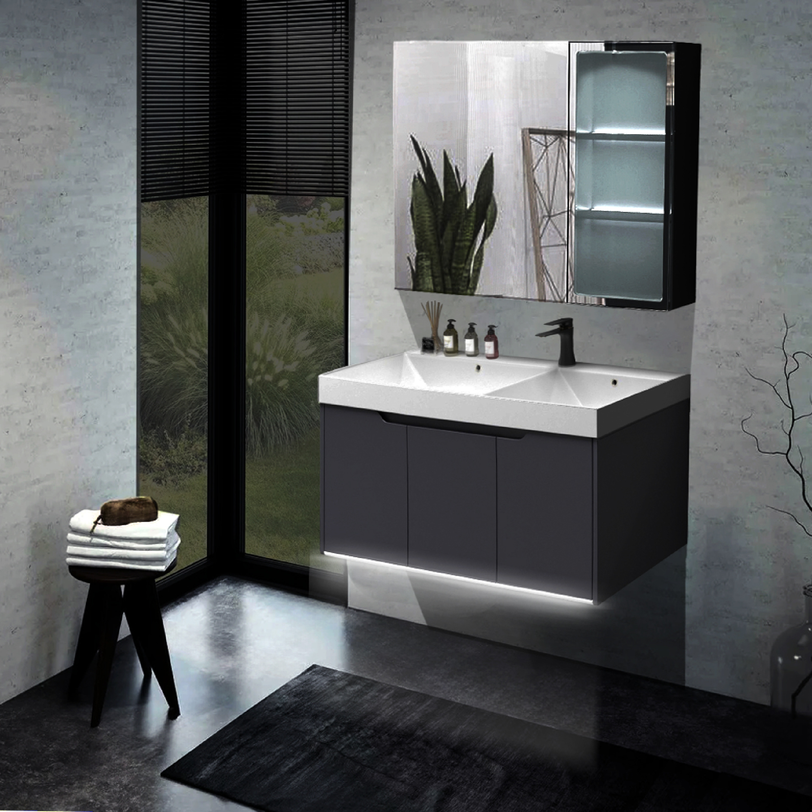 Мебель для ванной Ceruttispa Maiella 100 подвесная, с зеркальным шкафом, с двойной раковиной, темно-серый