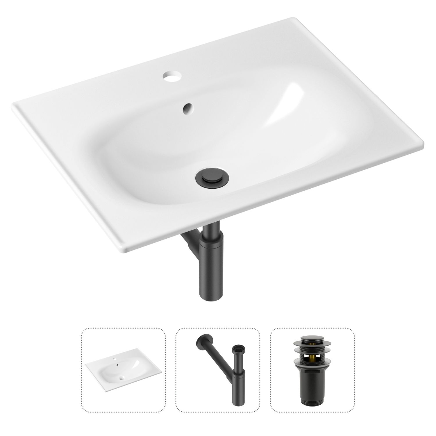 

Комплект 3 в 1 Lavinia Boho Bathroom Sink 21520469: врезная фарфоровая раковина 60 см, металлический сифон, донный клапан, Белый, 21520469