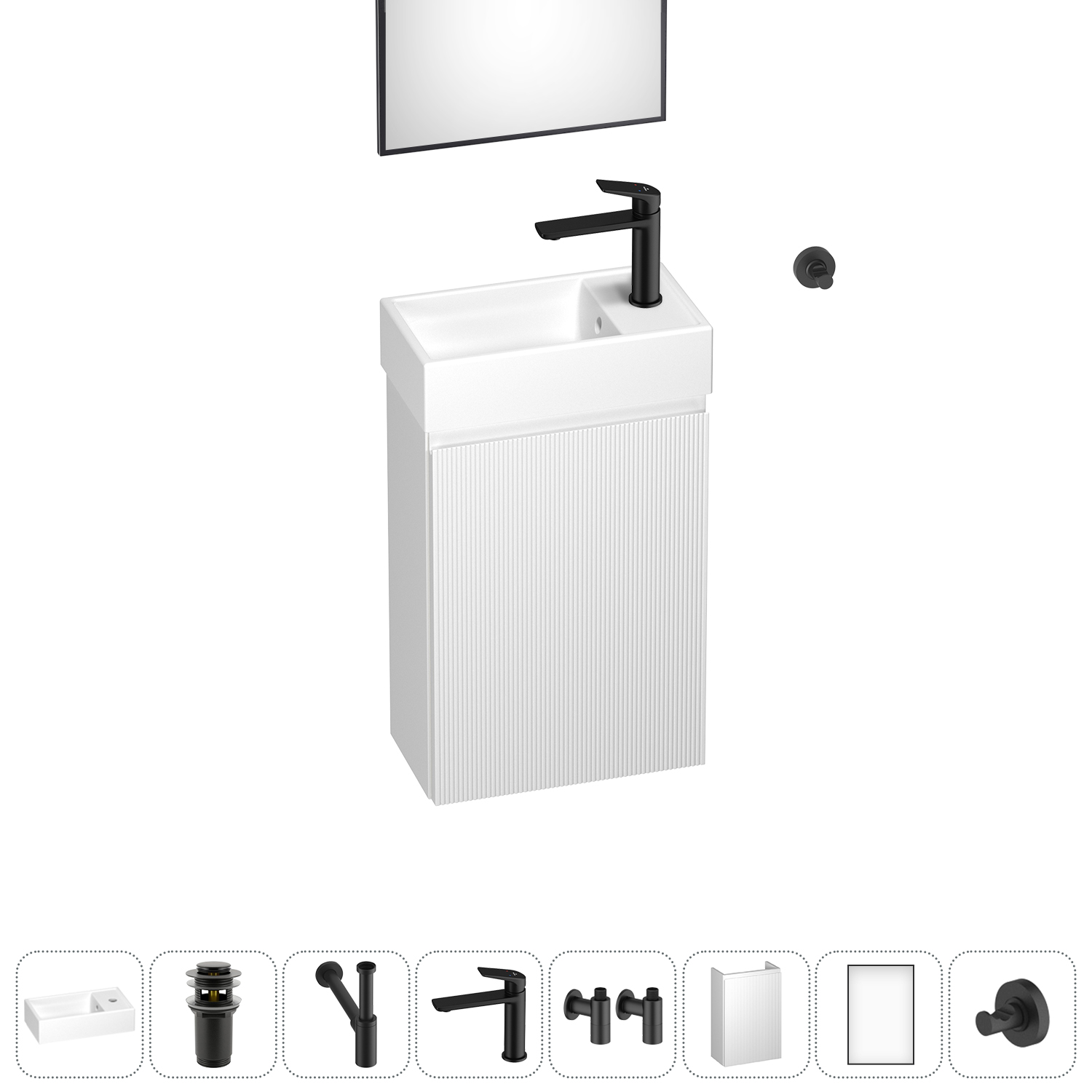 

Тумба с раковиной Wellsee WC Area 40 R подвесная, белый (зеркало, донный клапан, сифон, смеситель, угловые вентили, крючок (цвет набора черный)), Белый матовый, 202010480