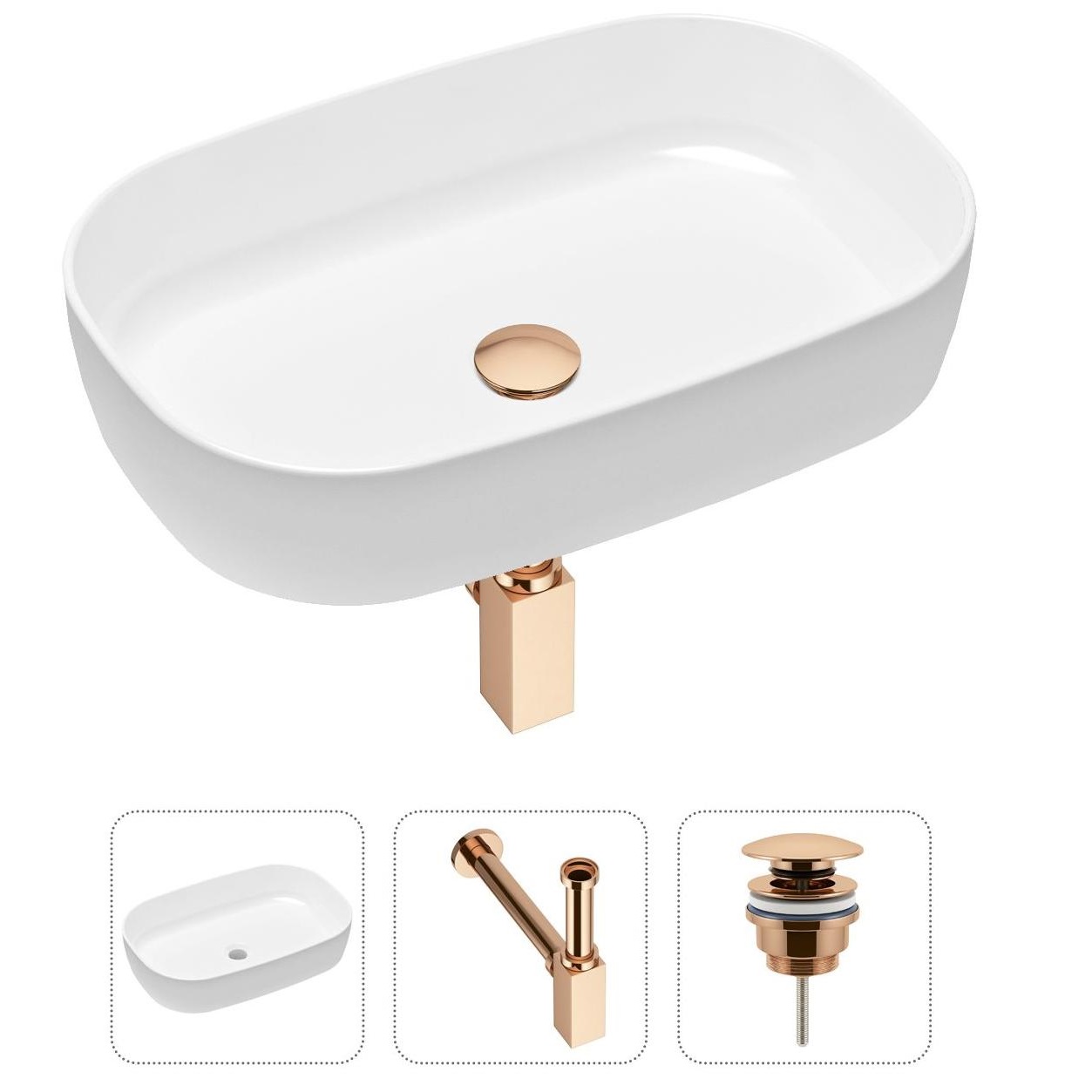 Комплект 3 в 1 Lavinia Boho Bathroom Sink 21520076: накладная фарфоровая раковина 54 см, металлический сифон, донный клапан