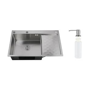 Мойка кухонная Ростовская Мануфактура Сантехники (РМС) MRK-8050BL-L с правым крылом, дозатор, графит