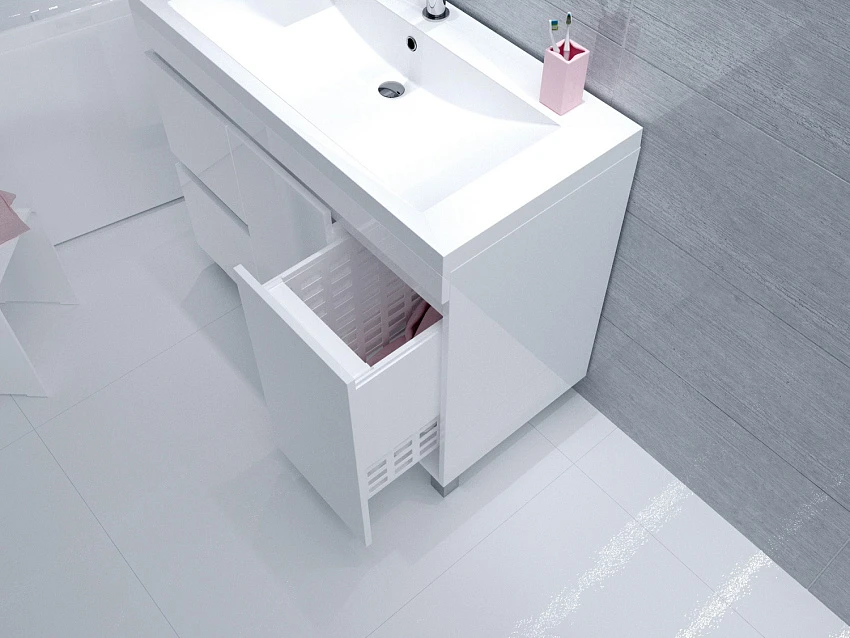 Тумба с раковиной 1Marka Cube 100Н с бельевой корзиной, белый глянец