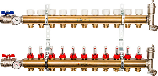 Коллектор Stout SMB 0473 латунь, на 11 контуров, с расходомерами