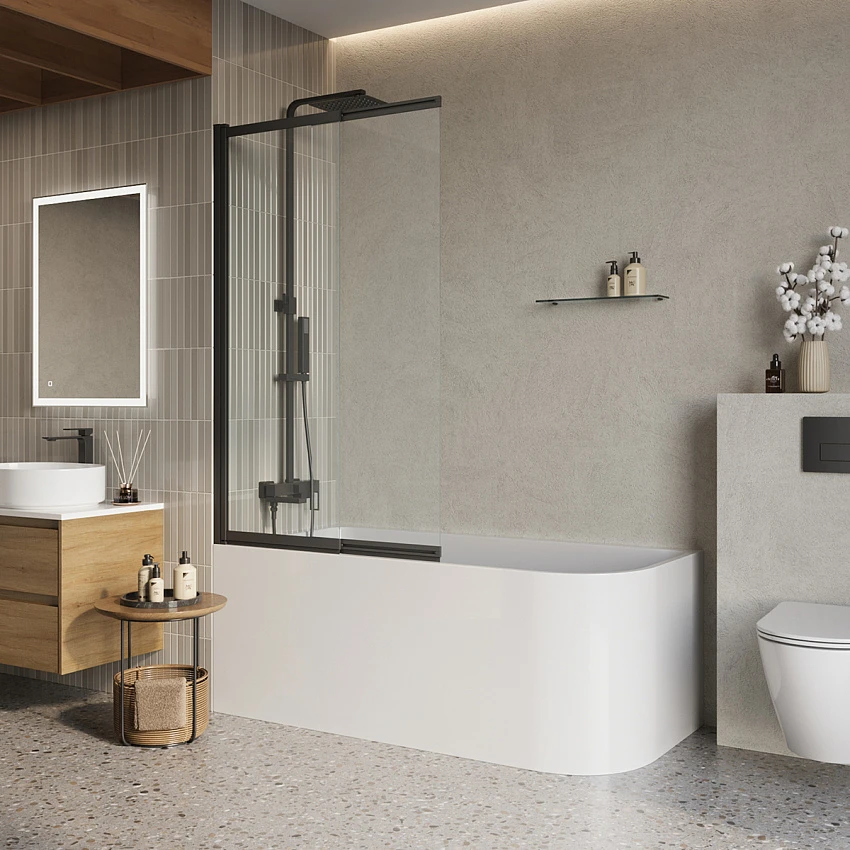Шторка на ванну BelBagno Luce LUCE-VF-11-90/145-C-NERO 90х145 профиль черный матовый, стекло прозрачное