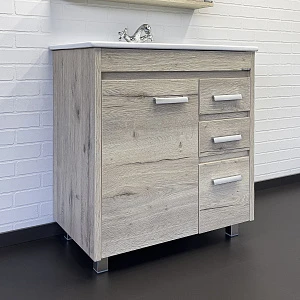 Тумба с раковиной Comforty Марио 75 напольная, 3 ящика, 1 дверка, дуб дымчатый (раковина Quadro 75)