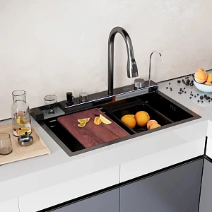 Мойка кухонная Mixline Pro 554164 графит75х46, с сифоном+дозатор+смеситель+коландер+доска разделочная+ополаскиватель стаканов