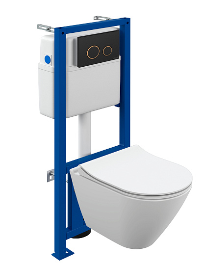 Комплект Cersanit City Smart CO DPL EO slim унитаз подвесной + инсталляция Cersanit LINK PRO + кнопка смыва TWINS черная матовая с рамкой золото 68308